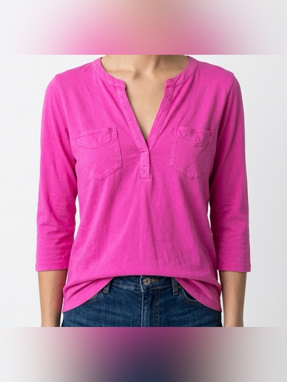 GAP Women’s Split V-Neck Pocket Long-Sleeve Tee — Hot Pink
